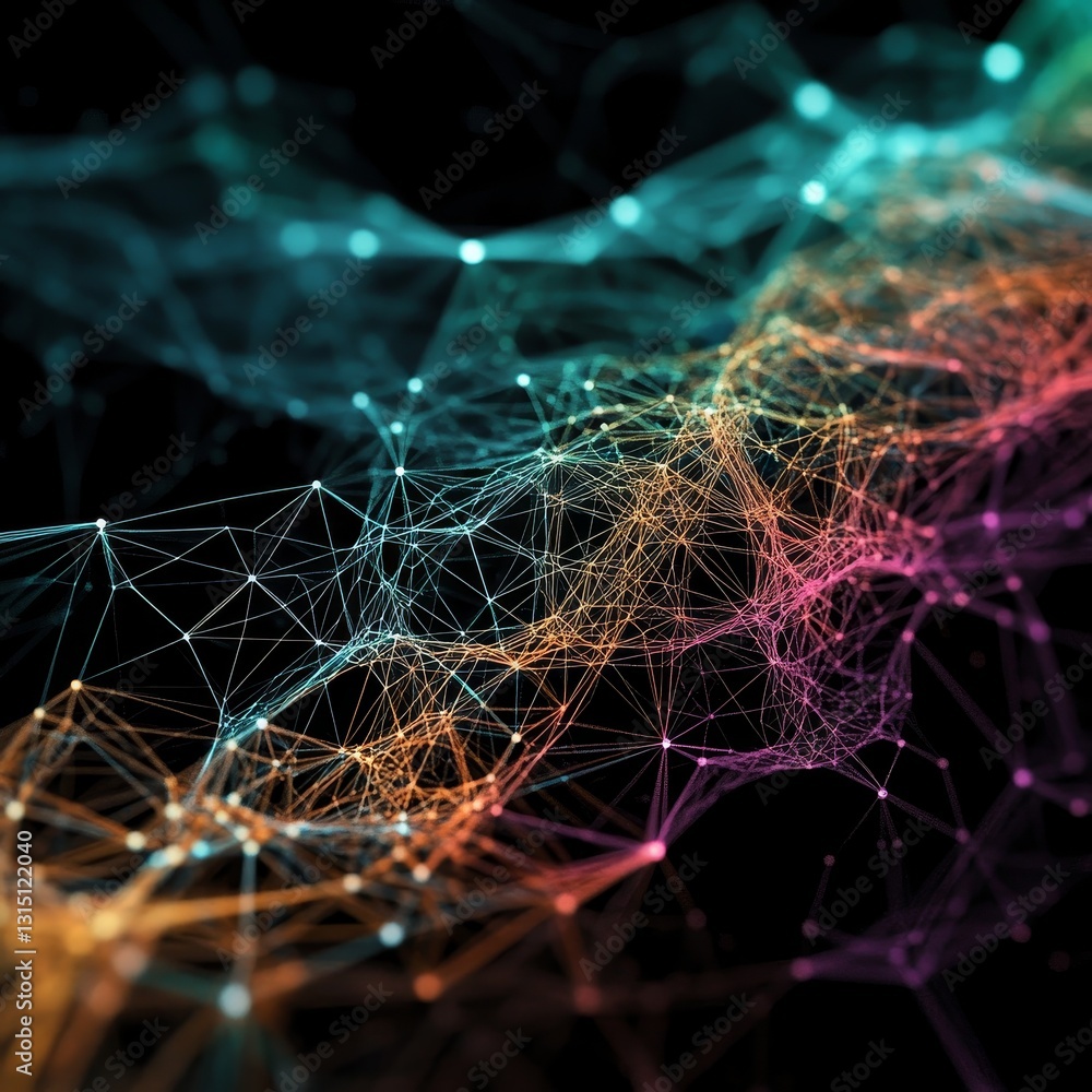 Poster an eye-catching abstract image features a network of colorful connections and nodes, representing di