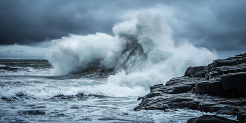 Fototapeta premium Dramatic ocean waves crashing on rocky shore under stormy sky