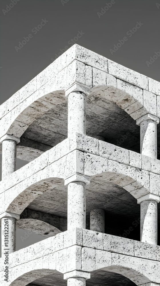 Poster Stone architecture Arched building facade with columns against a gray background