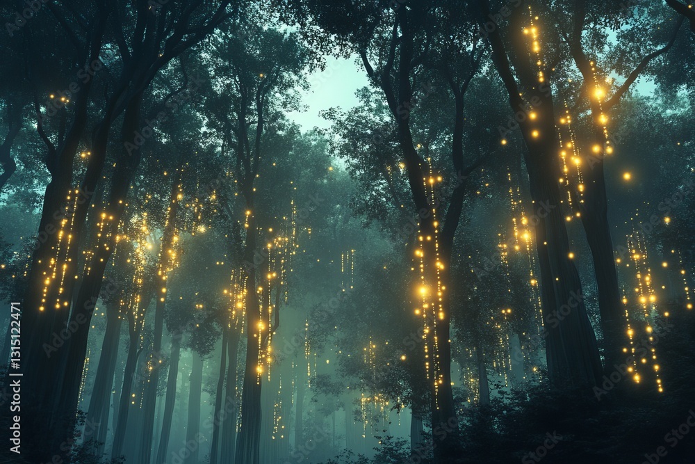 Poster glowing data nodes in a mysterious forest at dusk