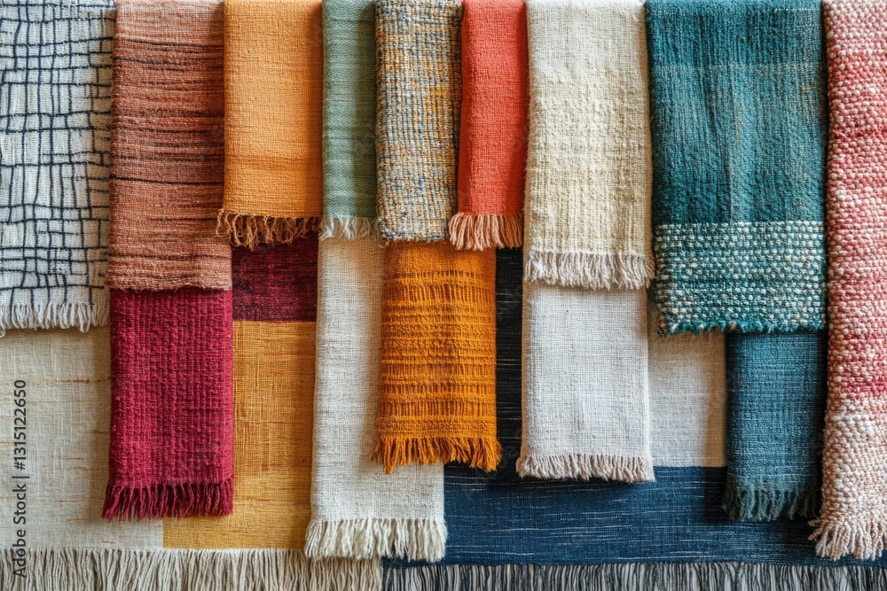 Poster a collection of textured woven rugs in various earthy tones and patterns, showcasing diverse craftsm