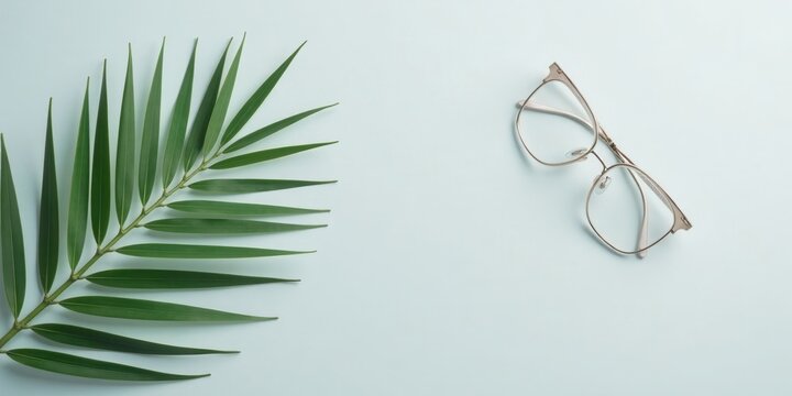 Serene tropical leaf and elegant eyewear composition on a pale blue background, suggesting tranquility and sophisticated style.
