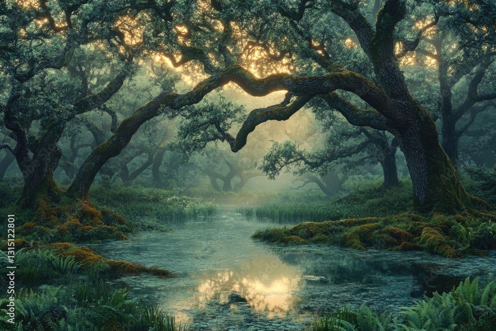 Poster enchanted forest stream reflecting sunlight through mossy ancient trees, creating a magical atmosphe