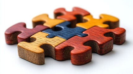 Colorful wooden puzzle pieces joined, white background, teamwork concept