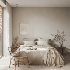 A bedroom with neutral tones and a stylish minimalist decor