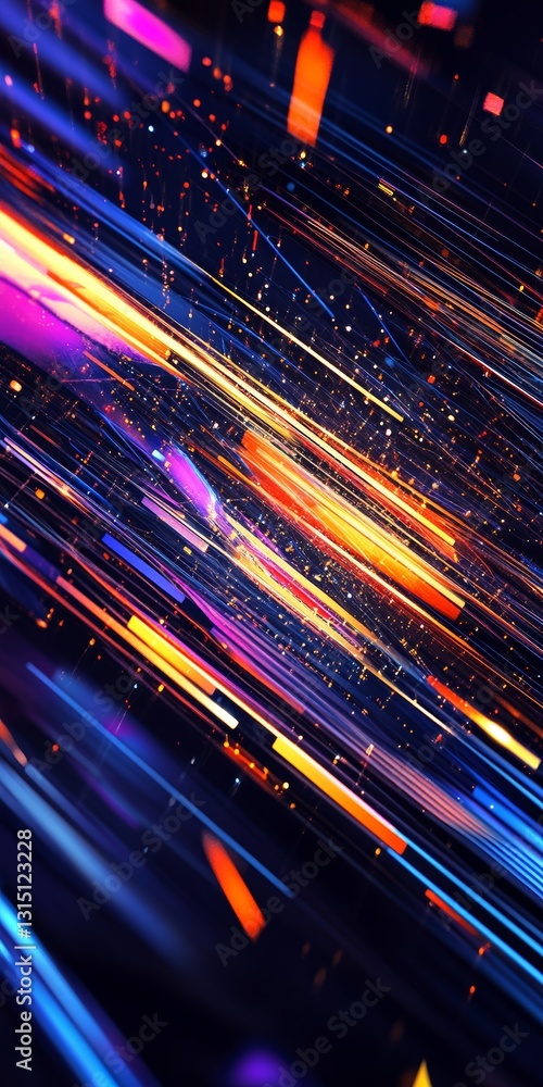 Poster vivid and dynamic abstract image featuring colorful streaks of light and glowing particles. ideal fo