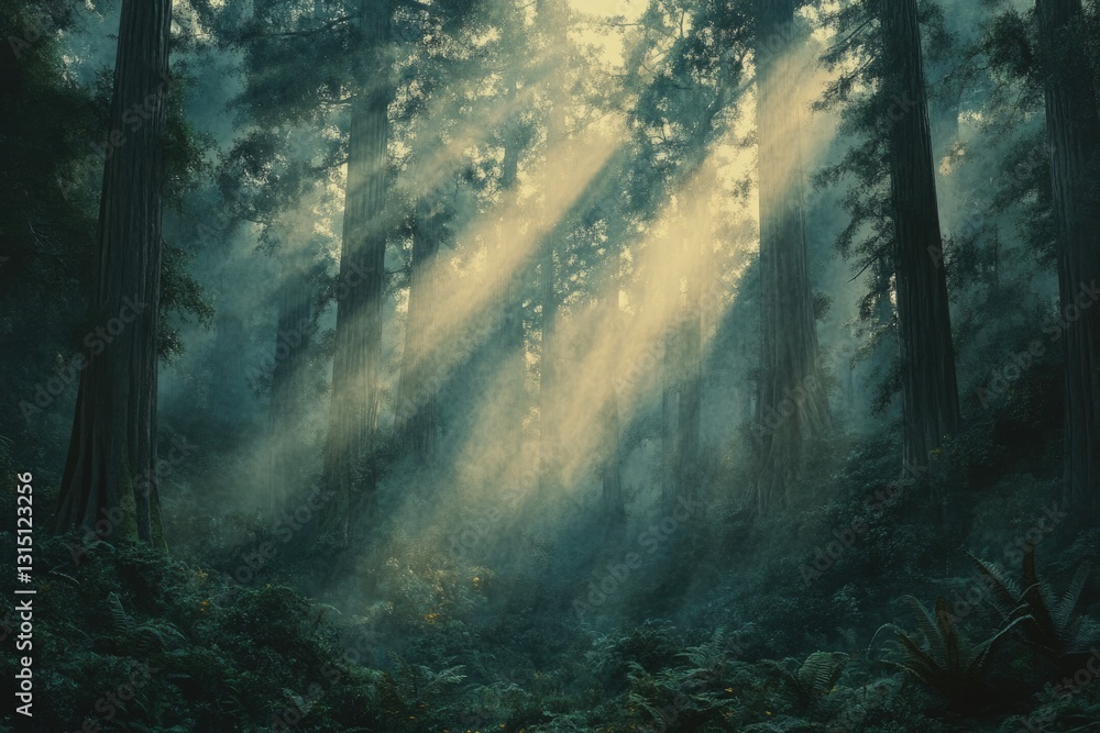 Poster sunbeams pierce a misty redwood forest, creating an ethereal and enchanting scene.