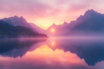 Serene sunset over misty mountains reflected in a calm lake, creating a breathtaking and peaceful landscape.