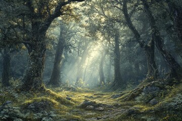 Sunbeams pierce a mystical forest path, illuminating ancient trees and mossy ground. A magical, serene scene.