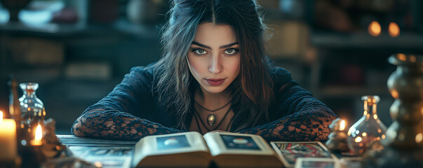 Fototapeta premium Young caucasian female engages in mystical tarot reading surrounded by candles and books