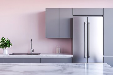 Modern Kitchen Design with Pink Walls and Gray Cabinets