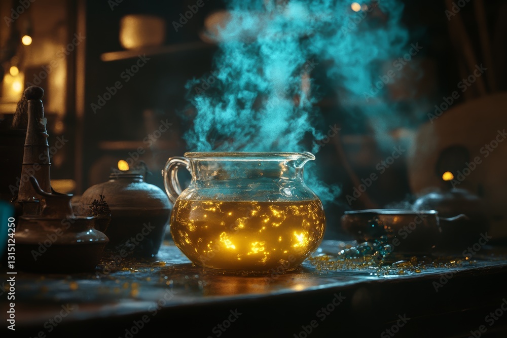 Poster a captivating glass pitcher filled with a luminous potion emits enchanting smoke. the atmospheric se