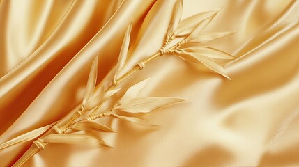 Elegant bamboo stalks on golden satin a luxury indoor photography concept