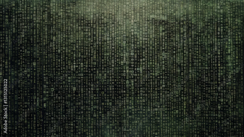 Poster a mesmerizing abstract pattern of green and black binary code, representing digital data flow. ideal