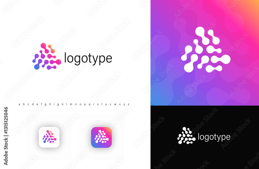 Poster Abstract biotech neural network logo with fusion dots, symbolizing artificial intelligence, molecular science, innovation. Ideal for AI, medical research, biotech, futuristic technology. Vector logo