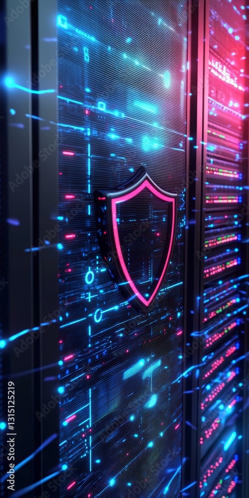 Poster a mesmerizing view of a futuristic data center featuring a shield symbol with vibrant blue and red d