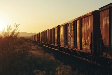 Fototapeta premium Rusty freight train at sunset traversing a desert landscape.