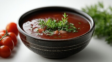 Delicious Tomato Soup in Dark Bowl, garnished with herbs, beside fresh tomatoes