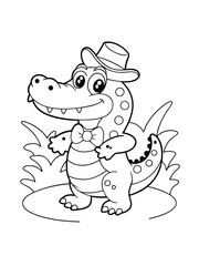 Obraz premium A charming cartoon alligator in a hat and bow tie smiles happily amidst simple grass. Its a delightful coloring page featuring a friendly reptile.