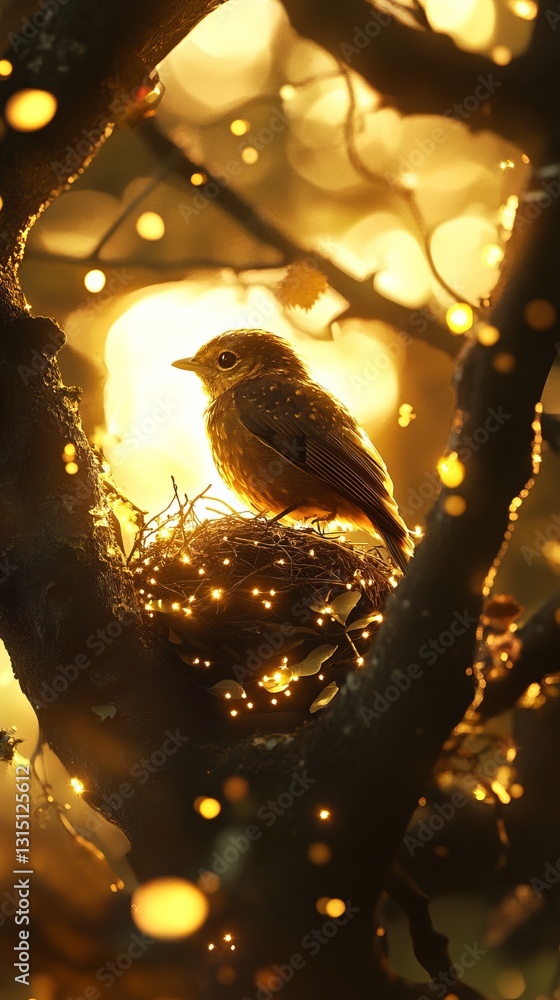 Aufkleber a bird is perched on a branch in a tree. the bird is small and brown. the tree is surrounded by a lo