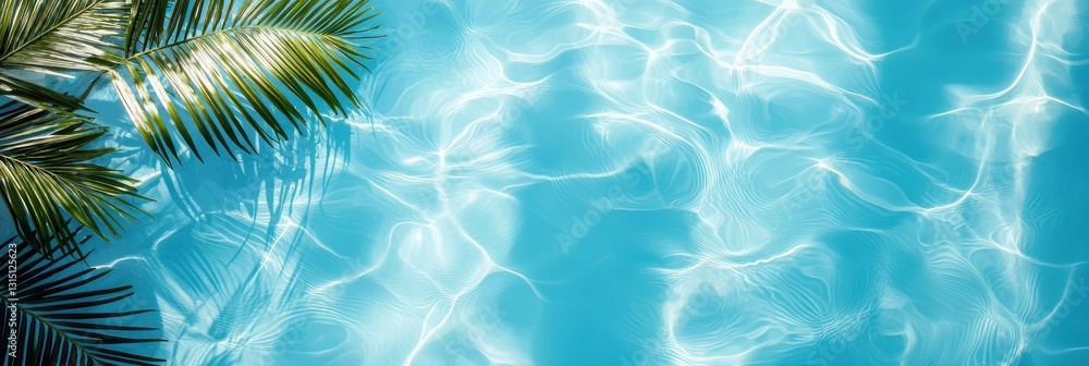 Poster a blue pool with a palm tree in the foreground