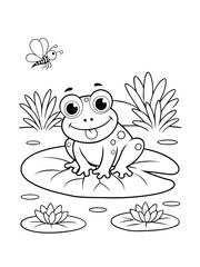 Fototapeta premium Cute Cartoon Frog on Lily Pad Coloring Page