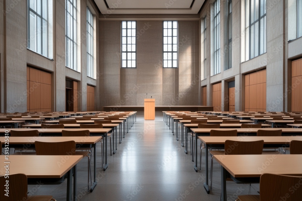 Poster empty lecture hall with rows of wooden desks and chairs bathed in soft natural light from tall at fr