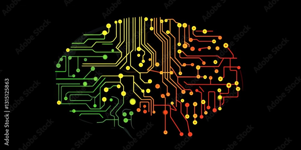 Poster colorful circuit board representation of a brain symbolizing artificial intelligence and technology
