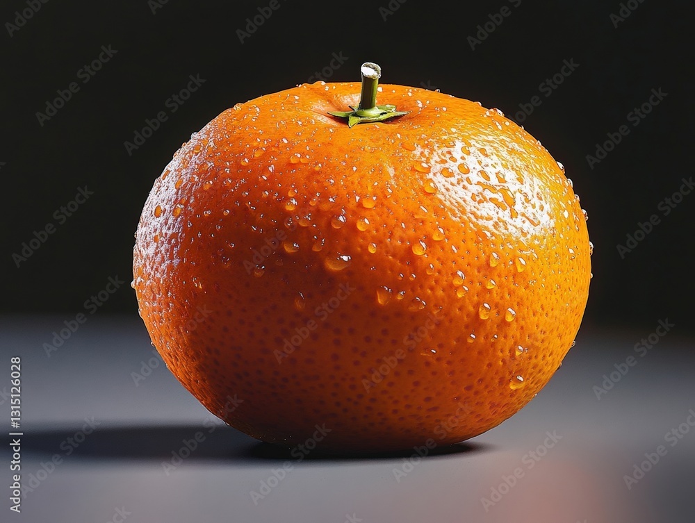 Poster a luscious orange covered in fresh water droplets resting on a table with sunlight creating a refres