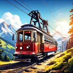 an AI Image Generator, Vintage Cable Car in Scenic Mountain Landscape