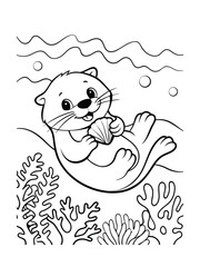A cute cartoon sea otter holds a clam shell, resting on an ocean floor with seaweed. Simple line art, perfect for coloring. Underwater scene.