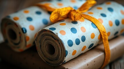 Wrapped rolls of polka dot wrapping paper on rustic wooden surface