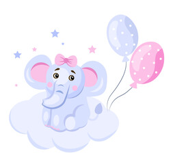 A cute baby elephant is sitting on a cloud. Illustration for children