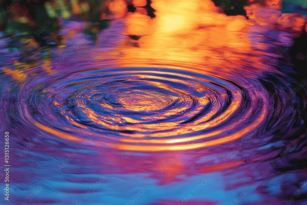 Poster Vibrant sunset reflected in concentric ripples on water surface, creating a mesmerizing abstract art.