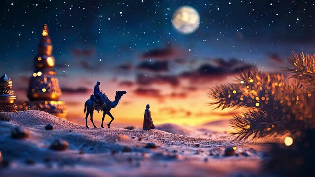 Mystical night journey through a desert landscape under the moonlight for ramadan, eid al adha, eid al fitr or fitri, muharam.