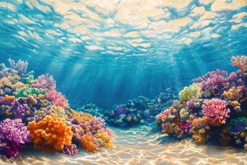 Obraz premium Vibrant coral reef thrives in sunlit shallows, showcasing diverse marine life and breathtaking colors.