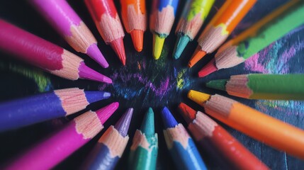 Fototapeta premium A vibrant array of brightly colored pencils, including shades of red, blue, green, and yellow, meticulously arranged in a perfect circle on a sleek black surface, creating a striking contrast.
