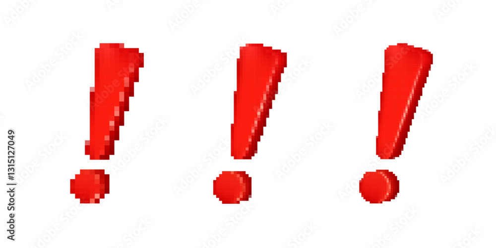Poster three pixelated red exclamation marks with a glossy effect, featuring a bold digital typography styl