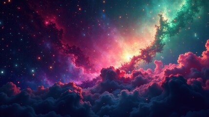 Naklejka premium A Dreamlike Celestial Landscape of Vivid Hues and Glimmering Stars Above a Sea of Colorful Clouds
