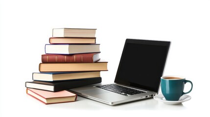 A modern office desk with a laptop, coffee cup, and a stack of business books on a white isolated background