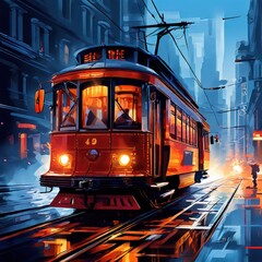 an AI Image Generator, Historic Streetcar Illuminated at Night i