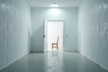 A solitary wooden chair sits silently in a brightly lit room beyond an open door, within a long, minimalist hallway featuring pale walls and a smooth floor.