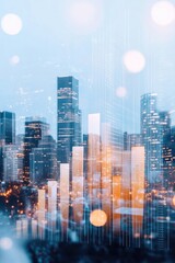 Fototapeta premium intricately designed close-up of financial graph with ascending bars or lines set against blurred cityscape backdrop