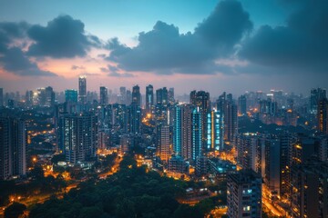 Fototapeta premium Cityscape at dusk, high-rise buildings illuminated, clouds in the sky.