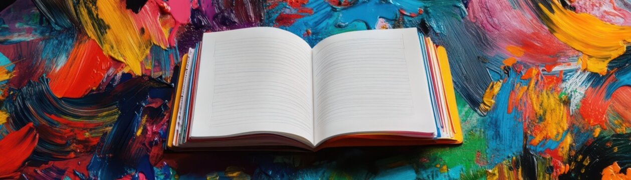 A vibrant array of brightly colored paint splatters covers a wooden table, with an open book resting nearby, its pages slightly curled, inviting creativity and inspiration.