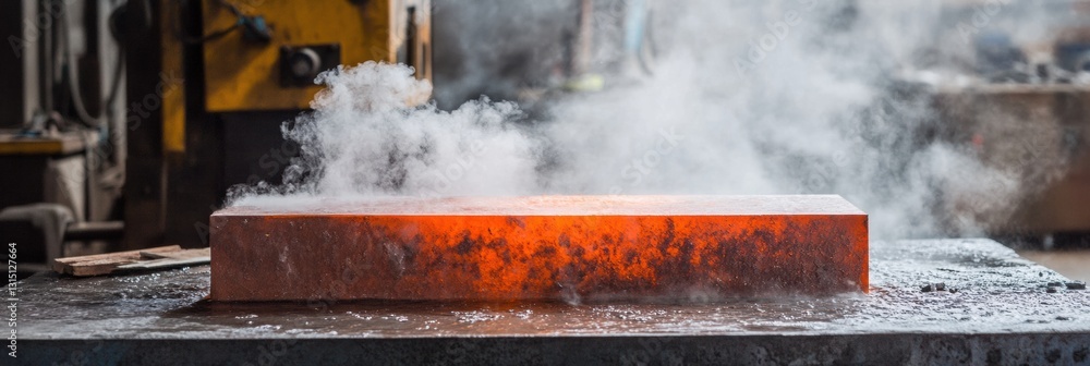Aufkleber red hot metal billets cool in water creating steam in a bustling workshop filled with tools and equi