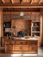 An Interior Wooden Office Depicting A Traditional Asian Aesthetic