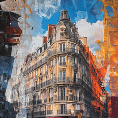 Obraz premium An abstract collage featuring a historic European-style building under the sky