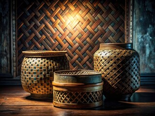 Dark Bamboo Texture: Thai Vintage Handicraft Background, Surreal Photography