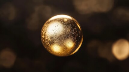 Glowing golden sphere with textured surface floating in dark atmosphere